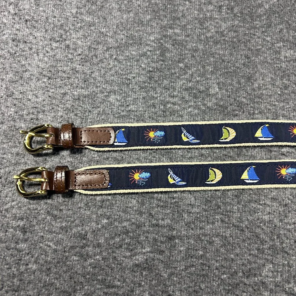 Vintage Kids Sailboat Belt Canvas Embroidered Navy Blue Brass Buckle XS Lot of 2